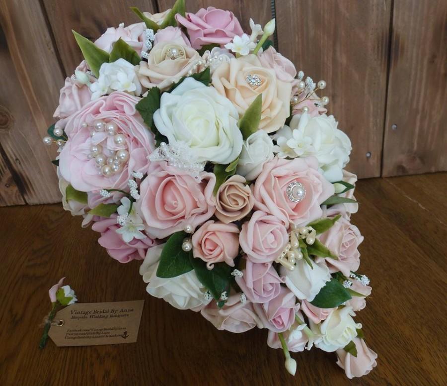 Hochzeit - Bespoke Vintage Pastel peach and pearl rose and peony teardrop wedding bridal bouquet country style