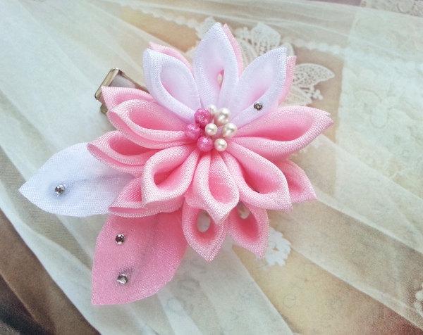 Hochzeit - Kanzashi  Pink Water Lily  Fabric Flower Hair Clip