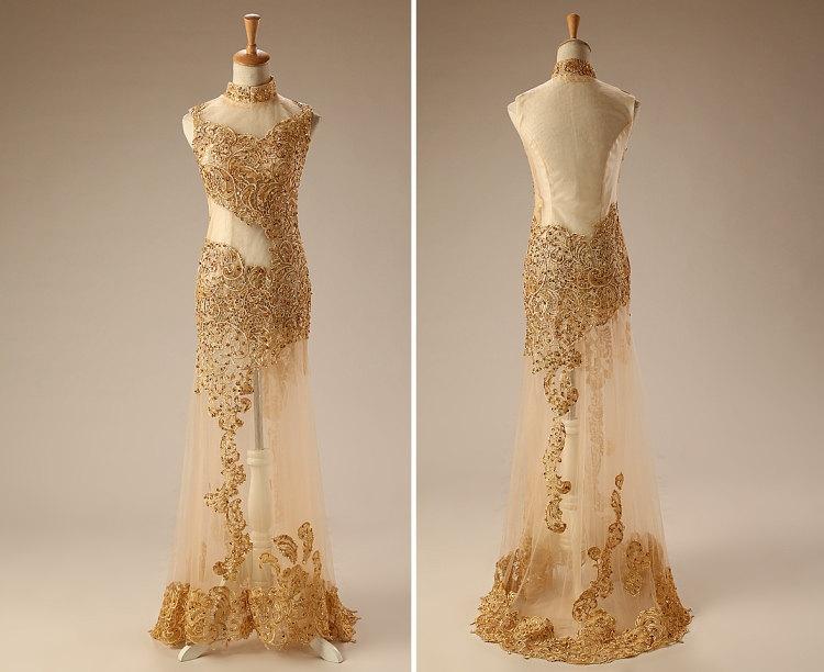 Hochzeit - Sexy golden gorgeous transparent tulle lace ball gown run way bridal wedding dress hand beading good quality dress