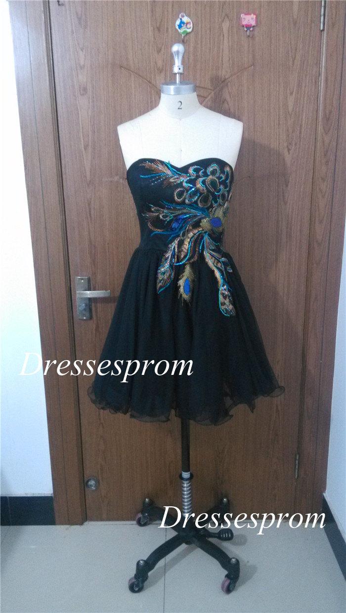 Hochzeit - Short black tulle homecoming dress,cheap prom party dresses under 90,embroidered peacock feather women gowns.