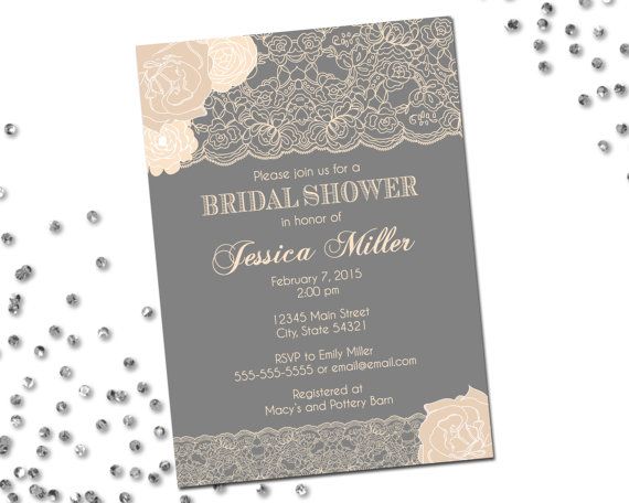 Wedding - Lace Bridal Shower Invitation - Flowers And Lace - Neutrals - Grey And Cream - Classic Layout - Printable