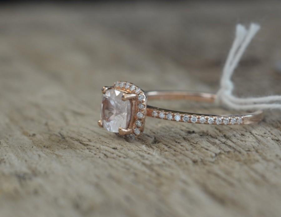 زفاف - 1.15 carat peach champagne sapphire, rose gold, diamonds halo engagement ring 882p-ANN