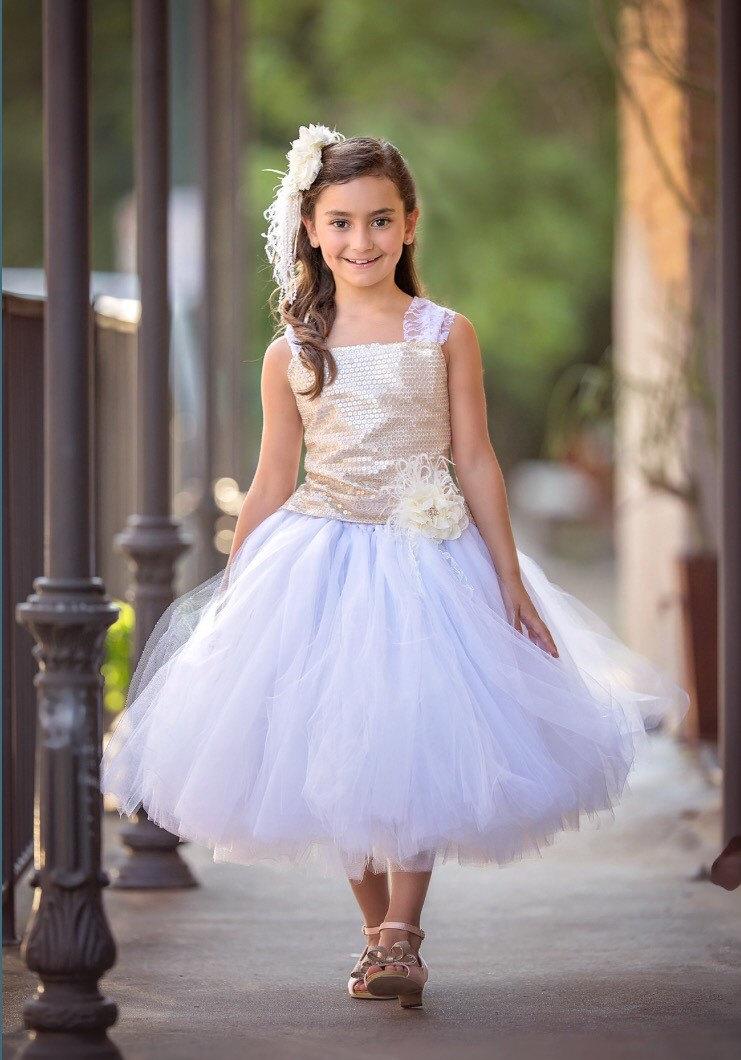 Hochzeit - Gold Sequin Flower Girl Dress White Tulle Wedding Flower Girl Dress  All Sizes  Baby to Girls 10
