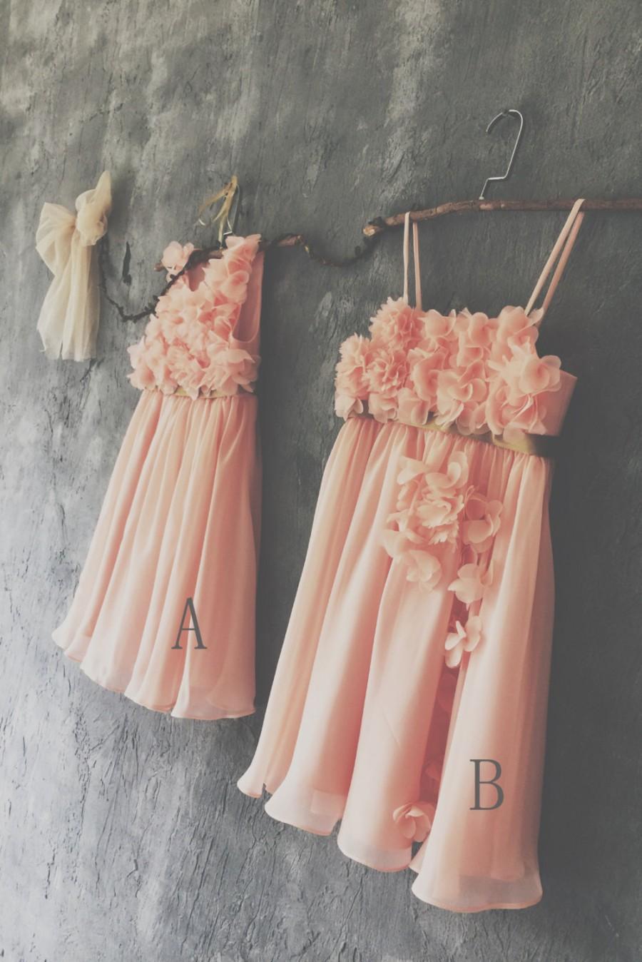 Hochzeit - 2016 Mix and Match Coral Bridesmaid dress, Mismatch Empire Baby Flower Girl dress, A Line Short Chiffon Rosette dress (JK006/JK005)-Renzrags