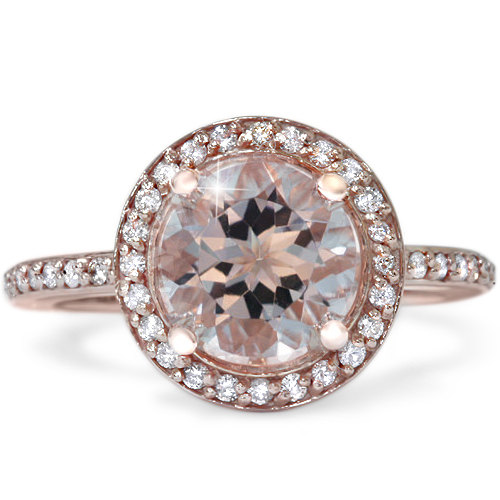 Wedding - 2.40CT Morganite & Diamond Halo Rose Gold Engagement Ring 14 Karat size 4-9