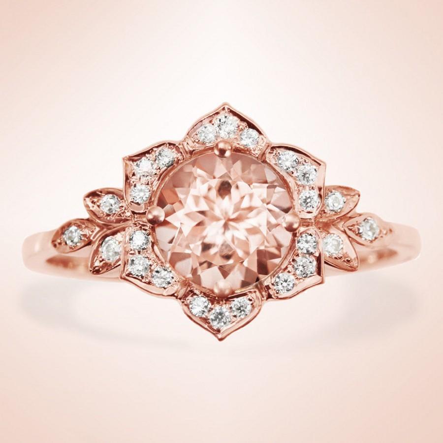 Mariage - Morganite Engagement Ring, Vintage Lily Ring, Unique Engagement Ring, Leaf Ring, Art Deco Ring, Flower Ring, Morganite Ring