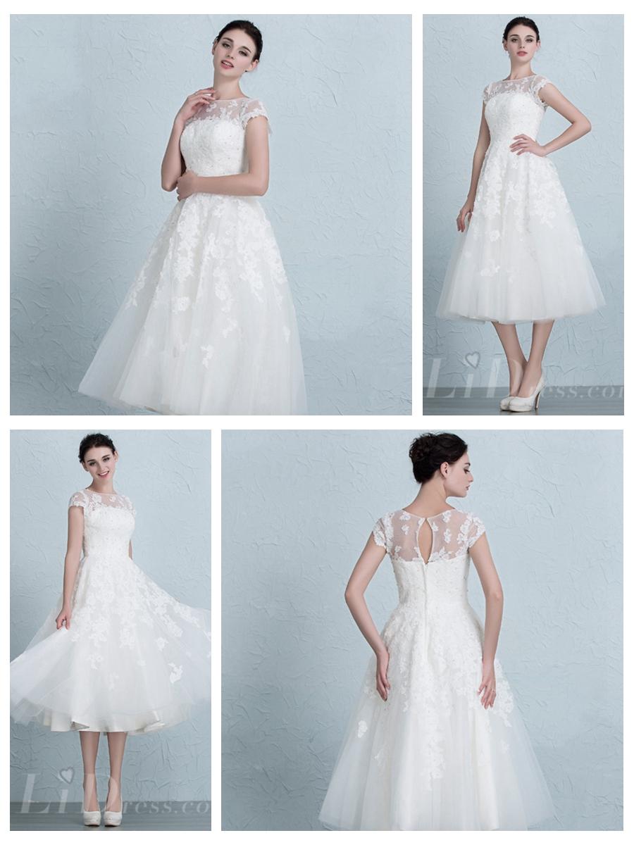 Mariage - Cap Sleeves Illusion Neckline Tea Length Wedding Dress