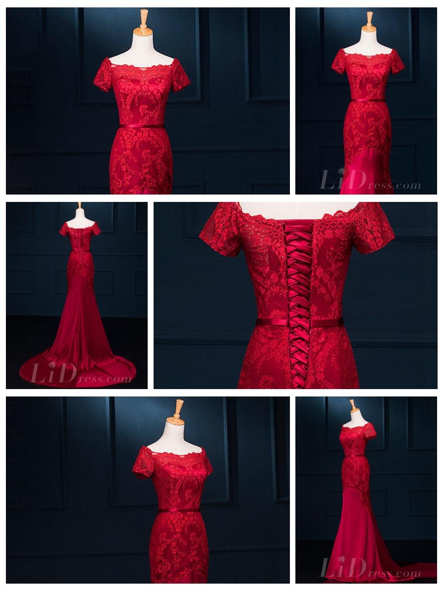 زفاف - Short Sleeves Boat Neckline Red Bridal Gown