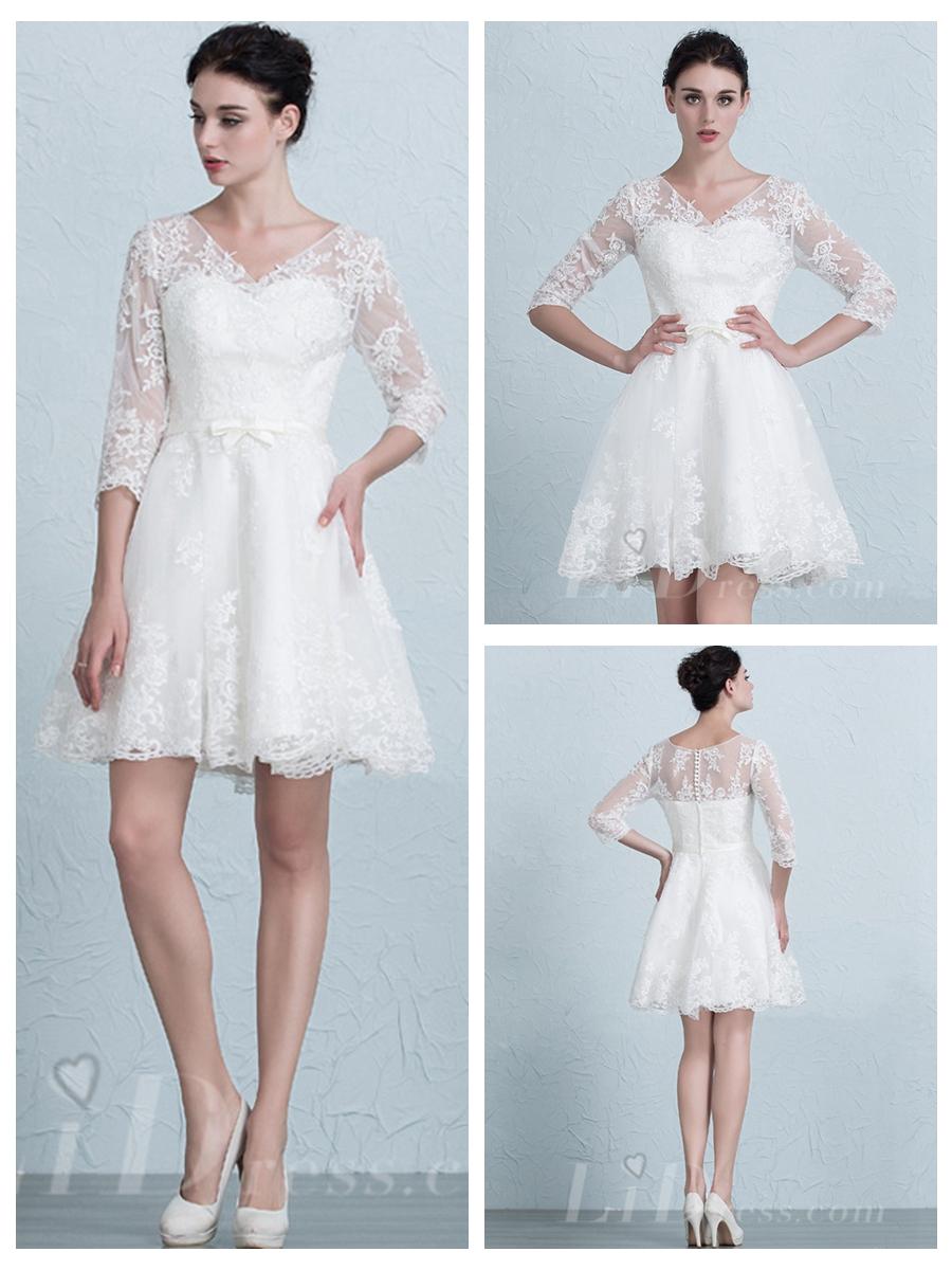 زفاف - V-neck Half Sleeves Short Lace Wedding Dress