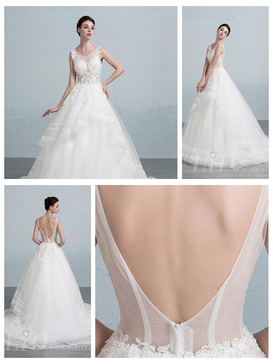 زفاف - Scoop Neckline Lace Appliques Tiered A-line Wedding Dress with Open V-back