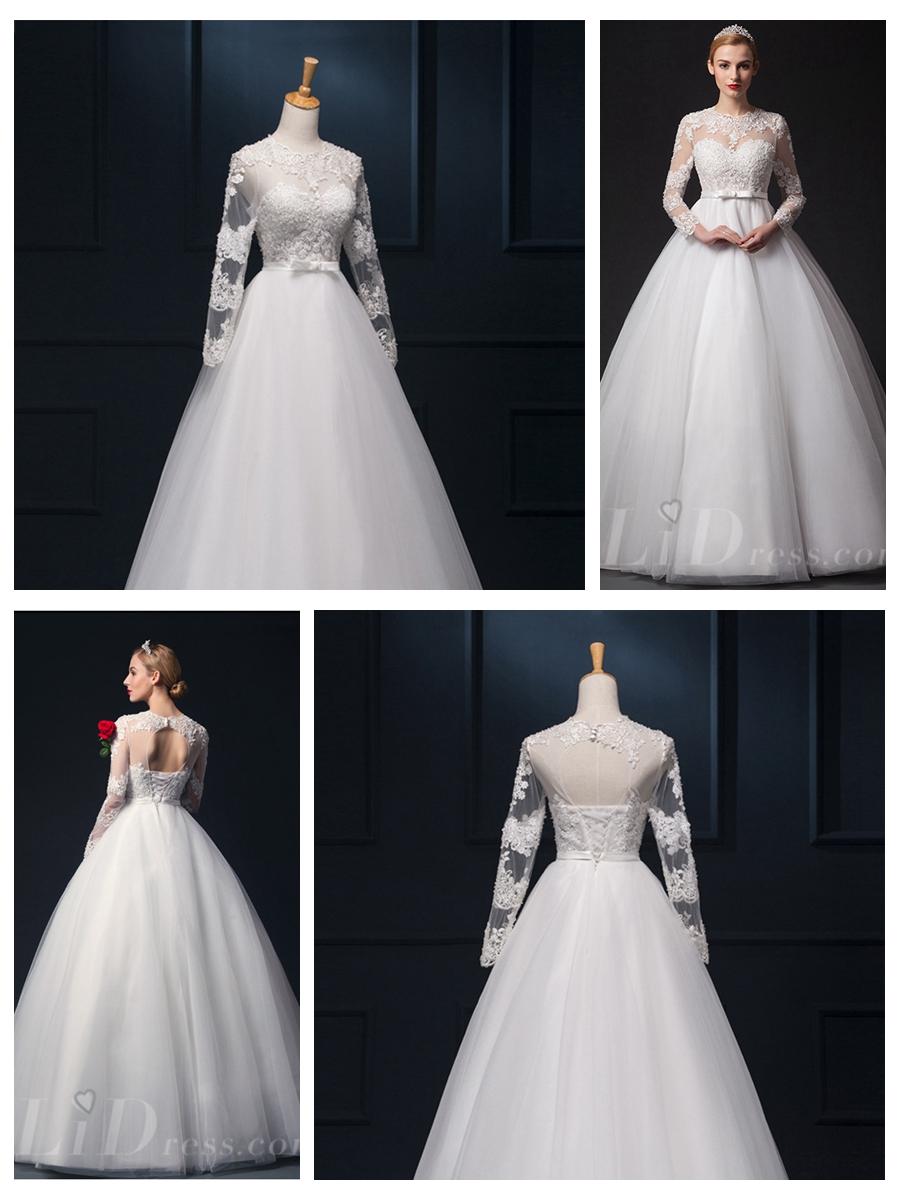 Mariage - Illusion Lace Long Sleeves Ball Gown Wedding Dress