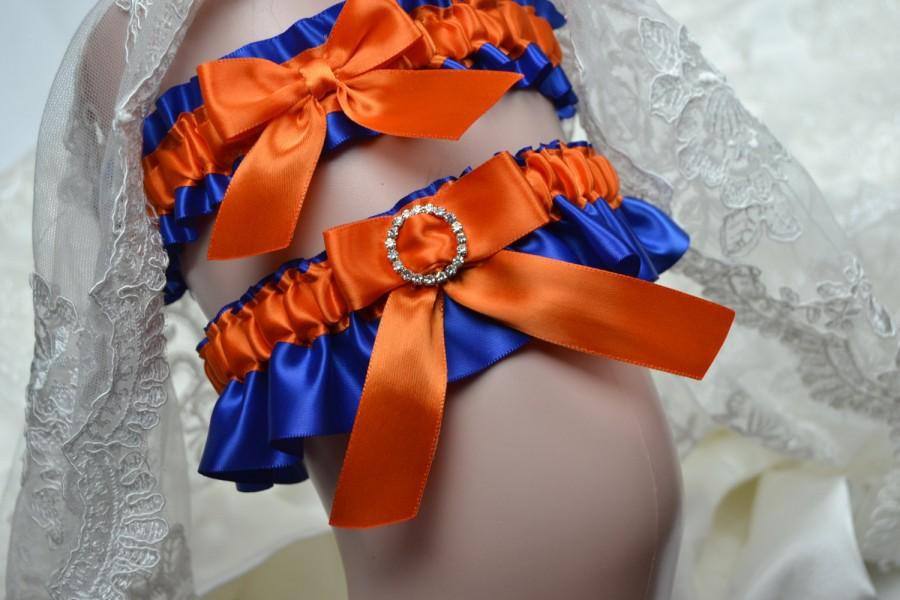 Hochzeit - Bride's Garter,Wedding Garter Set Royal Blue And Orange Satin With Rhinestone
