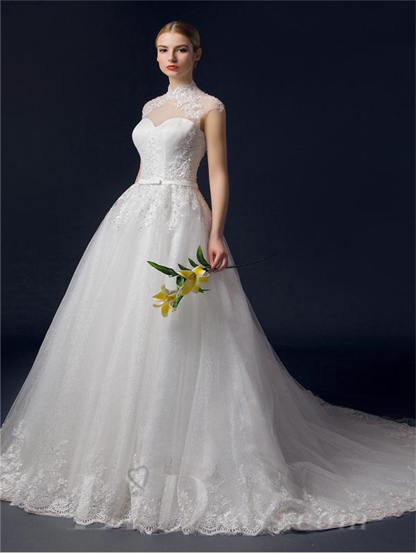 Hochzeit - Illusion Neckline Lace Appliques A-line Wedding Dress