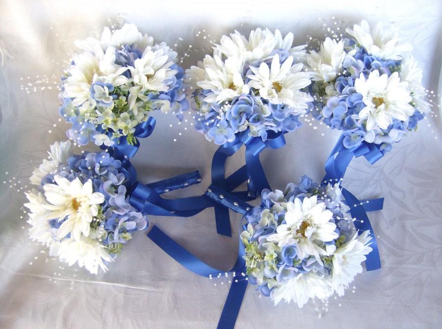 Wedding - White gerbera and blue hydrangea wedding bouquet set