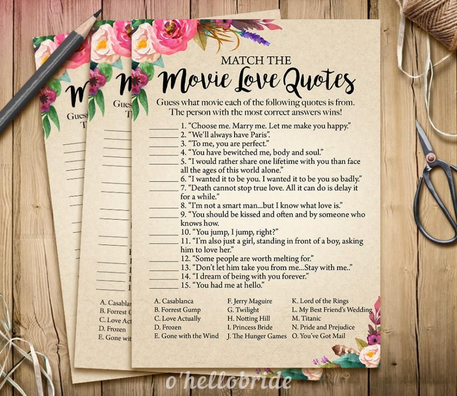 Hochzeit - Movie Love Quote Match Game - Printable Boho Bohemian Bridal Shower Movie Quote Game - Bridal Shower Game - Bachelorette Party Games 003