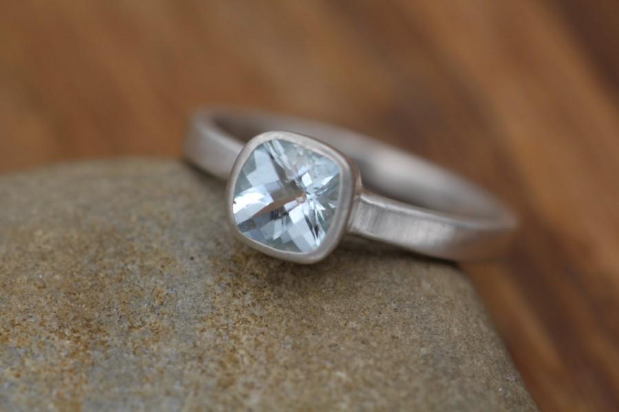 Mariage - Aquamarine Ring - Solitaire Bezel Aquamarine Ring -Cushion Cut Ring - Alternative Engagement Ring - Recycled - March Birthstone Ring