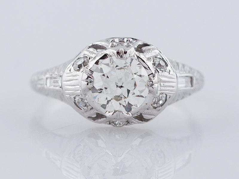 Wedding - Antique Filigree Engagement Ring Art Deco .68 Old European Cut Diamond with Baguette Accents In 18K White Gold