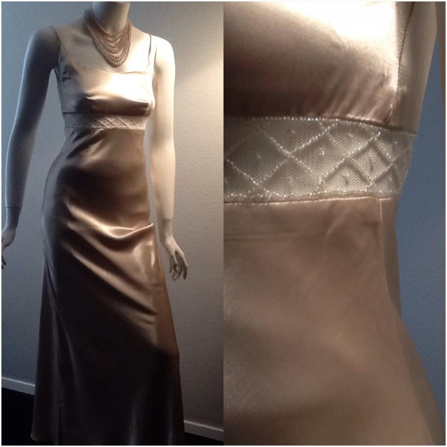 Mariage - Vtg Satin Wedding Dress / Ivory Taupe Bridal Gown / Beige Dress / 1920s Style / Hollywood / Bias Cut / Beaded / Sheer Midriff / Classic / 4