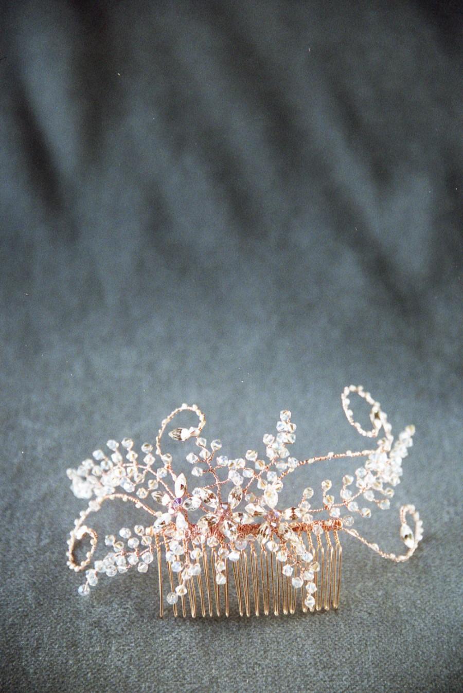 زفاف - Crystal Fern - rose gold bohemian nature inspired bridal headpiece, boho freshwater pearl and crystal blush hair comb