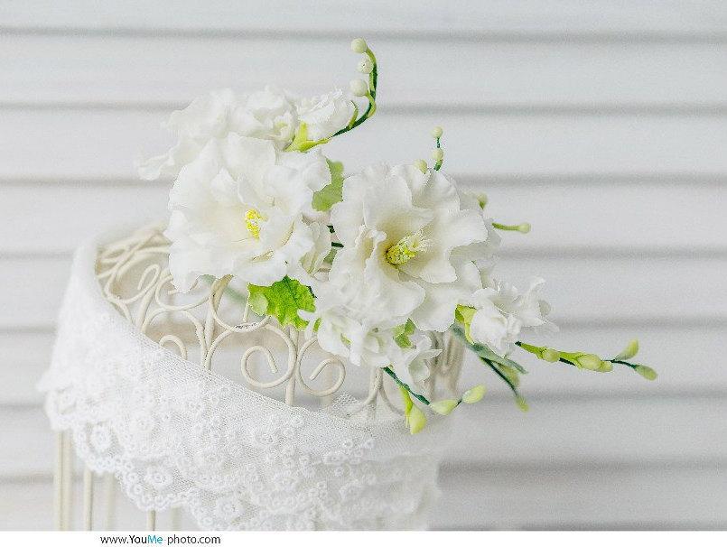 Mariage - White Flower crown comb  bridal floral crown bridal flower headpiece, wedding flower girl hair accessory
