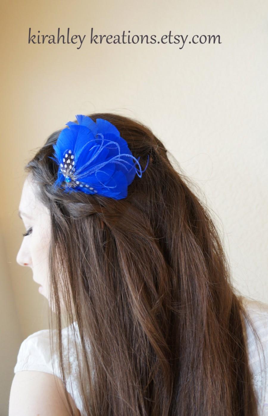 Mariage - Royal Cobalt Something BLUE BETTY Feather Fascinator Hairpiece Hair Clip Spotted Guinea Peacock Herl Jewel Bride Bridal Bridesmaid Prom