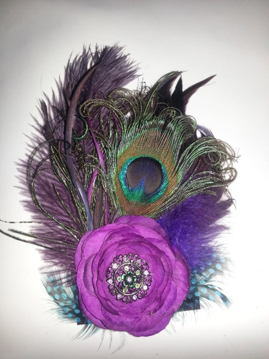Hochzeit - Custom Wedding, Peacock Wedding, Purple,Purple Flower, Hair fascinator, 1920s, Feather fascinator, Bride, Bridal, Flower girl