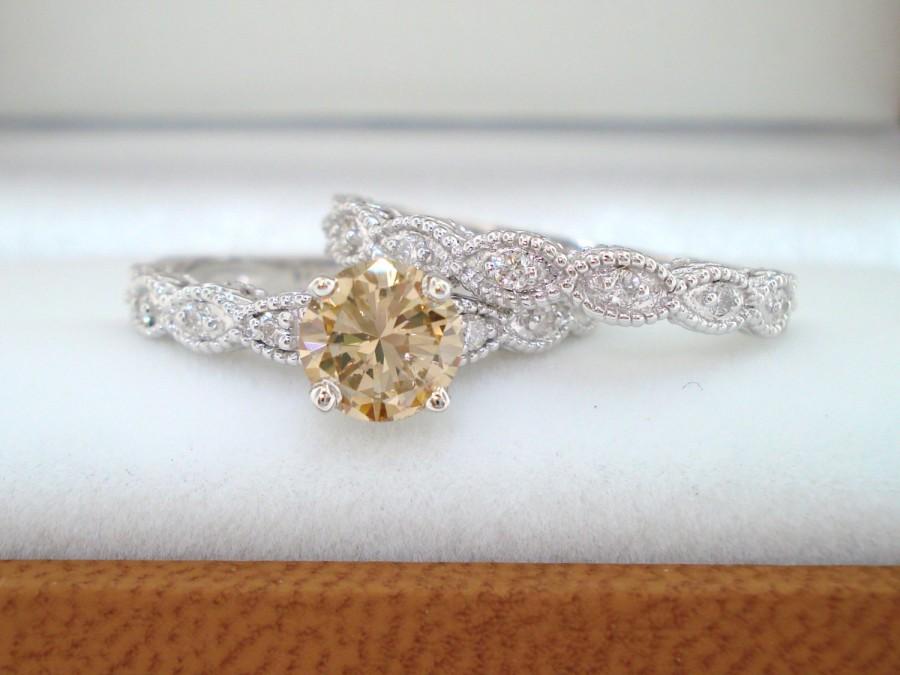Свадьба - Natural Champagne & White Diamond Engagement Ring Wedding Band Sets 0.80 Carat 14K White Gold Handmade Bridal Sets