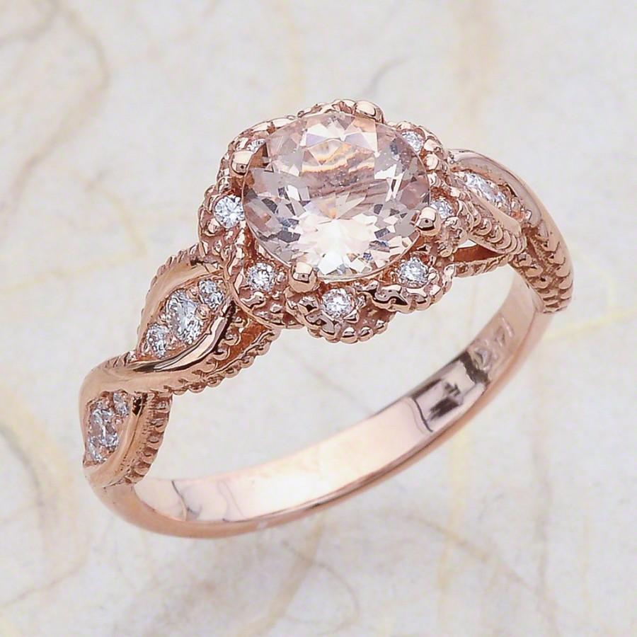 Wedding - 14K Vintage Rose Gold Engagement Ring Center Is A Round Morganite