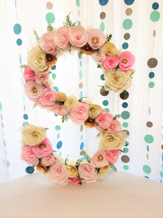 Wedding - Floral letter, Large 23" Blush & gold paper flower letter, Made in any letter or color, Baby shower floral letter, Nursery decor, Wall decor