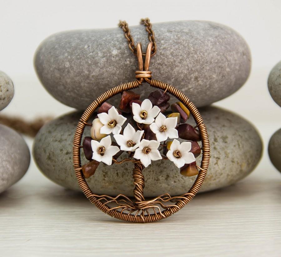 Hochzeit - Tree-Of-Life Necklace Pendant  Copper Wire Wrapped Pendant 1.6" Brown Wired Copper Jewelry Jasper stone ModernTree Necklace Rustic