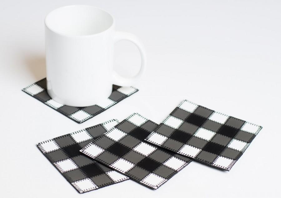 Mariage - Drink Coasters, Patchwork Leather Coasters, Bar Decor, Beermat, Gift For Him, Mug Rug, Black Gray White Check, Gingham, Vichy, Set of 4