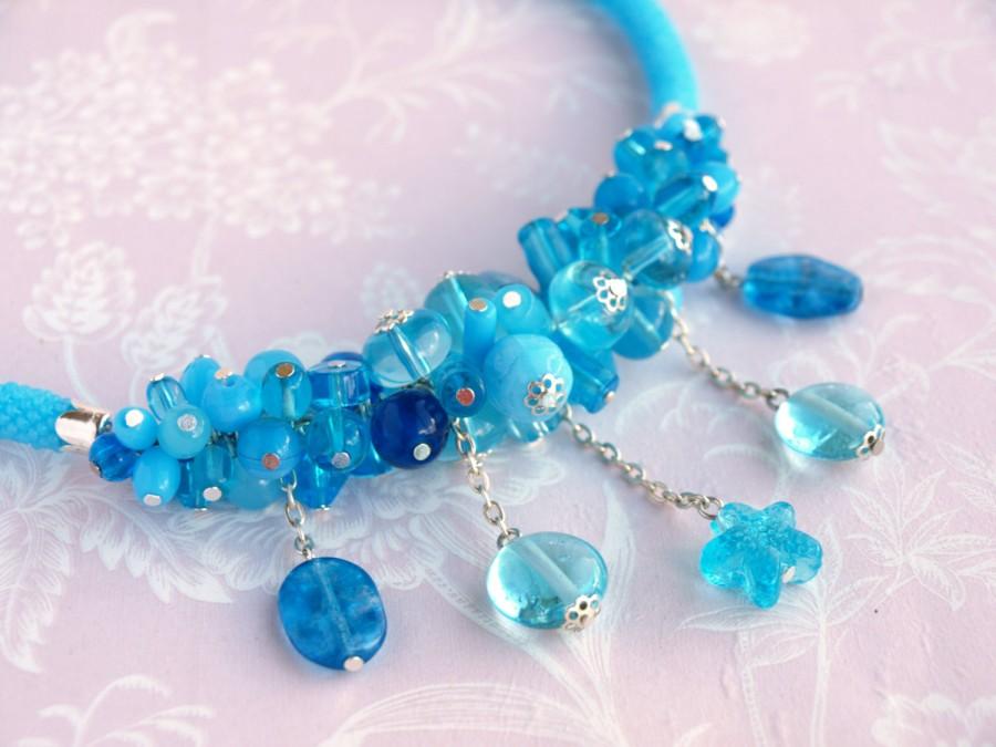 Hochzeit - Blue chunky statement necklace Bead crochet rope Seed bead necklace Glass bead necklace Bib necklace Beaded necklace Nautical jewelry