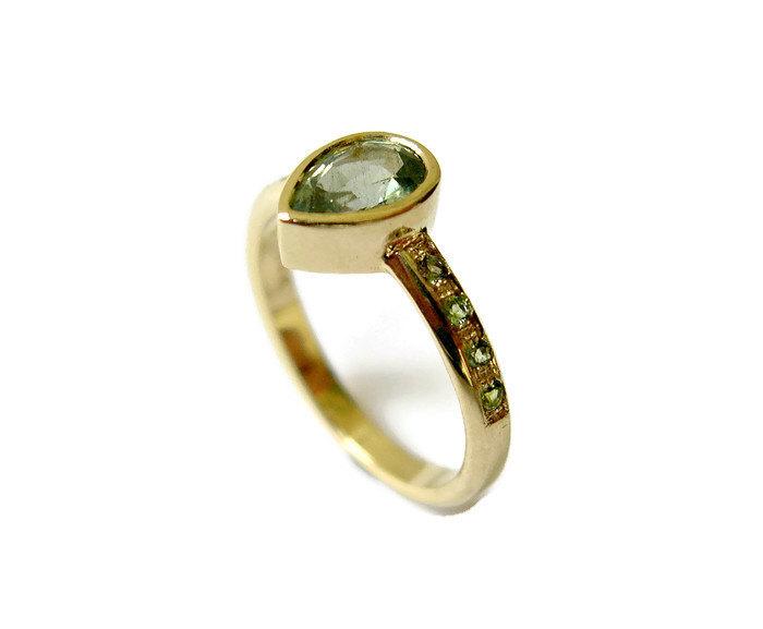 Wedding - Pear Cut Engagement Ring, Green Sapphire Engagement Ring, 14k Yellow gold Ring, Bezel Engagement Ring, Unique, Green Sapphire Jewelry