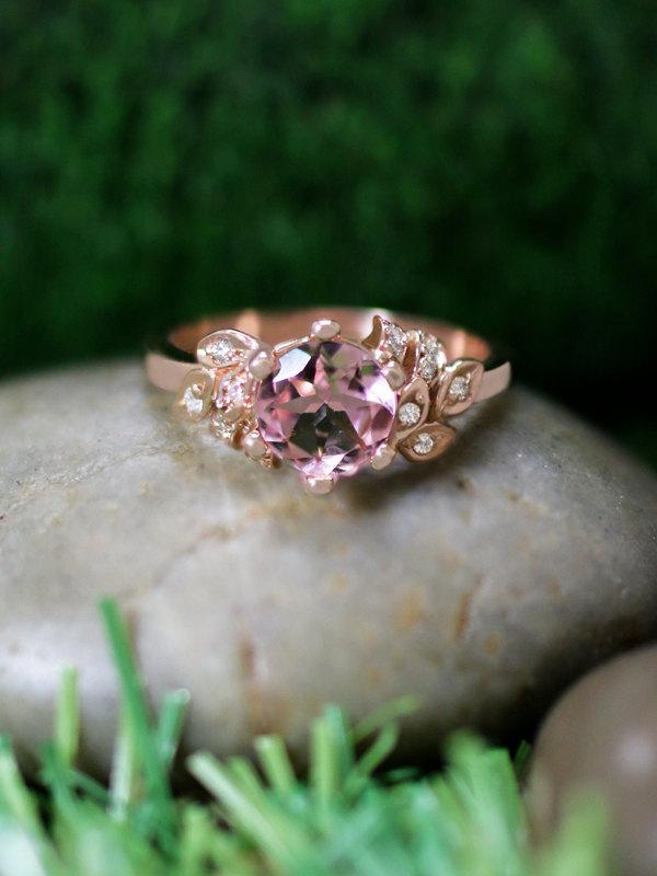 Свадьба - Pink Tourmaline and Diamond Engagement <Prong/Pave> Solid 14K Rose Gold (14KR) Colored Stone Wedding Ring *Fine Jewelry* (Free Shipping)