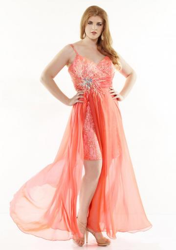 Mariage - Straps Salmon Chiffon Crystals Ruched Sleeveless High Low