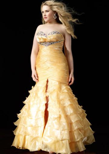 Wedding - Yellow Sweetheart Crystals Floor Length Tiers Split Front Mermaid