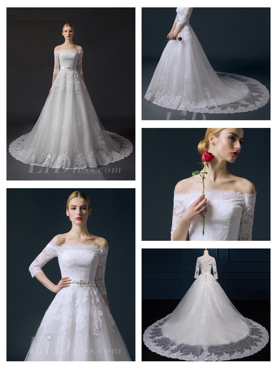 Hochzeit - Off-the-shoulder Half Sleeves Lace Appliques A-line Wedding Dress