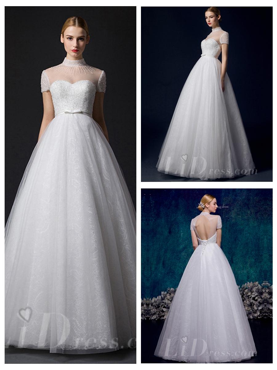 زفاف - Short Sleeves Illusion High Neckline A-line Wedding Dress