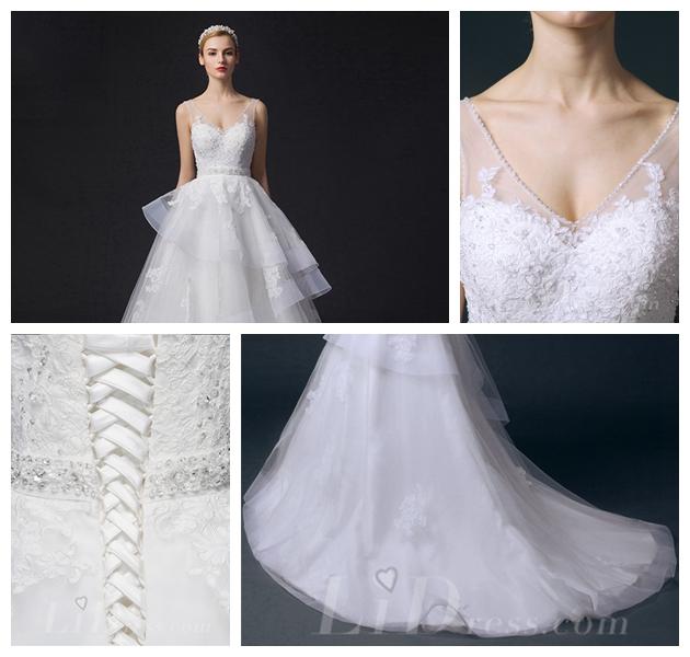 زفاف - Cap Sleeves Illusion Bateau Neckline Lace Appliques A-line Wedding Dress
