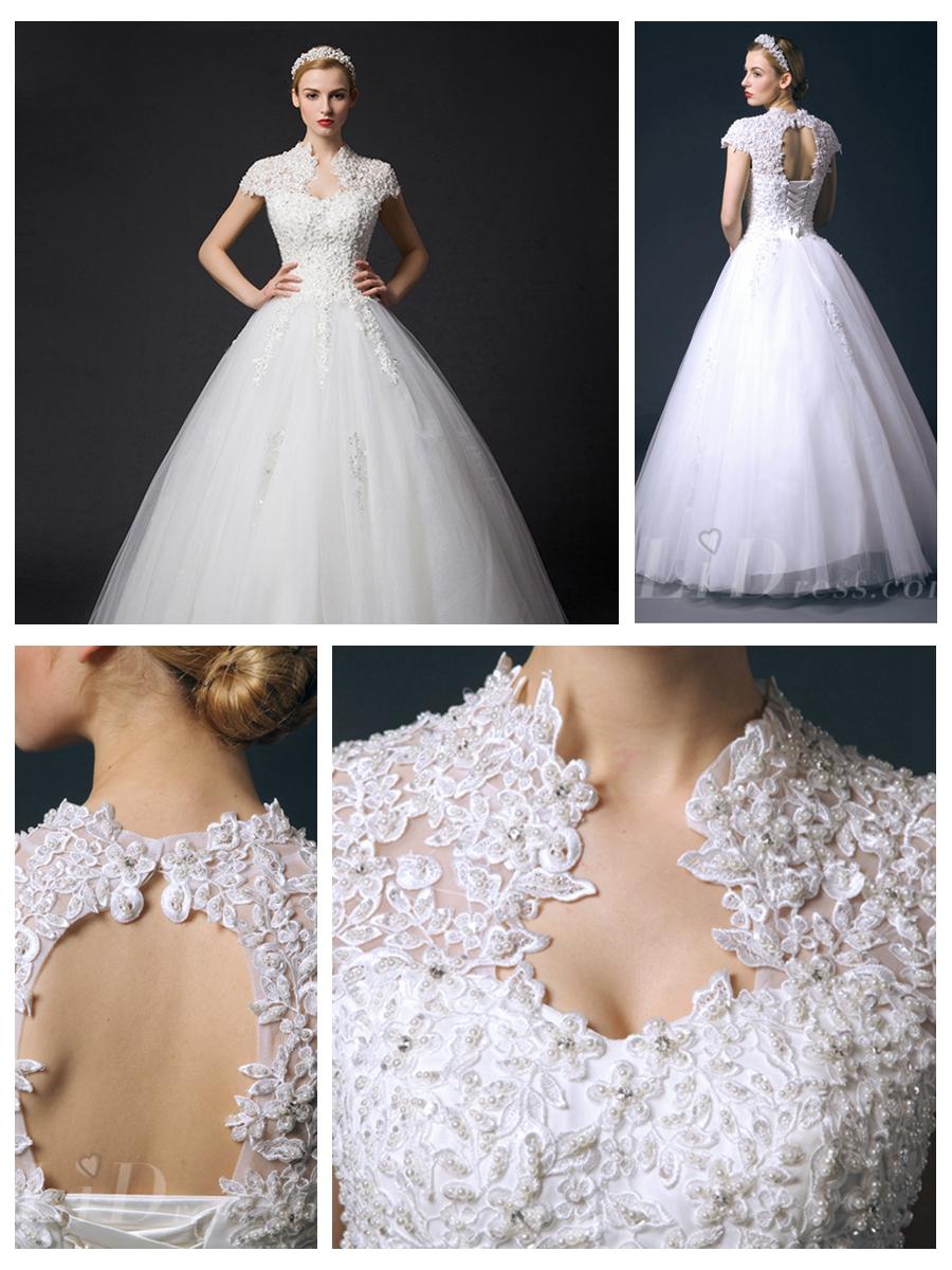 Mariage - Cap Sleeves Queen Ann Neckline Ball Gown Wedding Dress