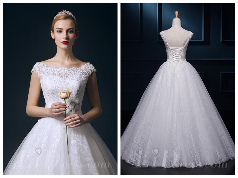 Hochzeit - Straps Beaded Lace Ball Gown Wedding Dress