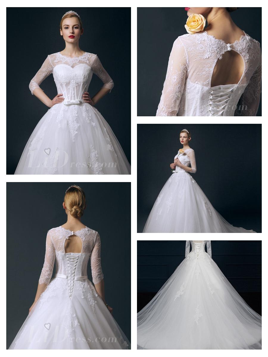 Wedding - Illusion Three-Quarter Sleeves Bateau Neckline Ball Gown Wedding Dress