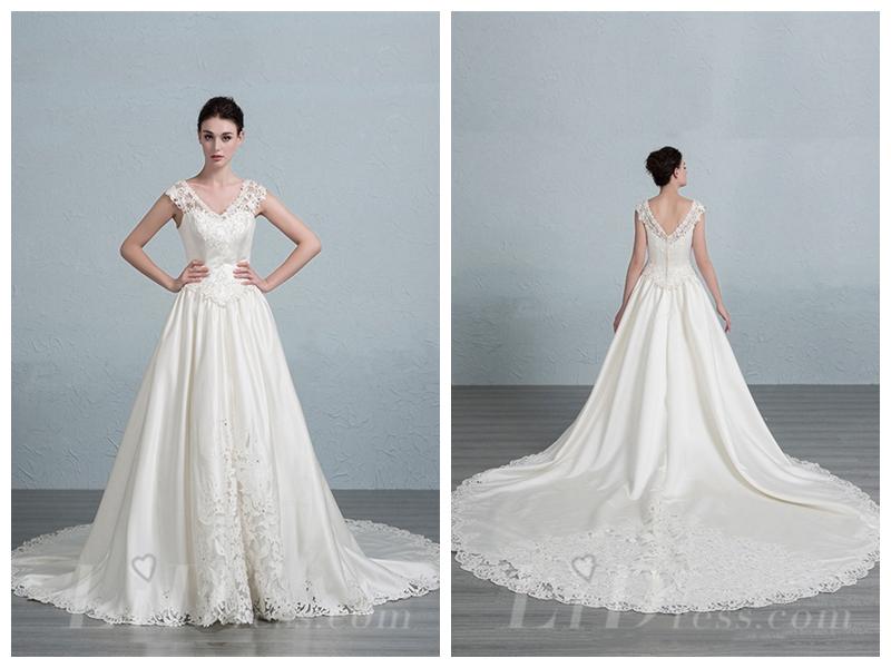 Hochzeit - Lace V-neck and V-back A-line Wedding Dress