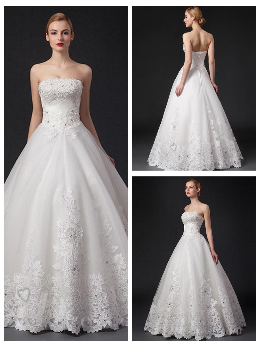 Wedding - Strapless Beaded Bodice Lace Appliques Ball Gown Wedding Dress