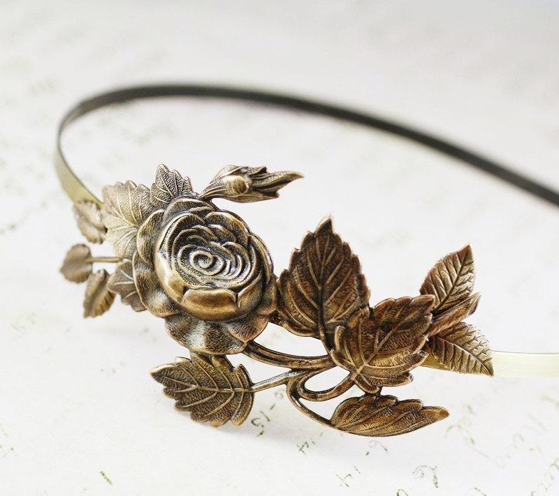 Mariage - Floral headband bridal rose victorian brass vintage style bronze finish wedding hair accessory shabby and chic romantic