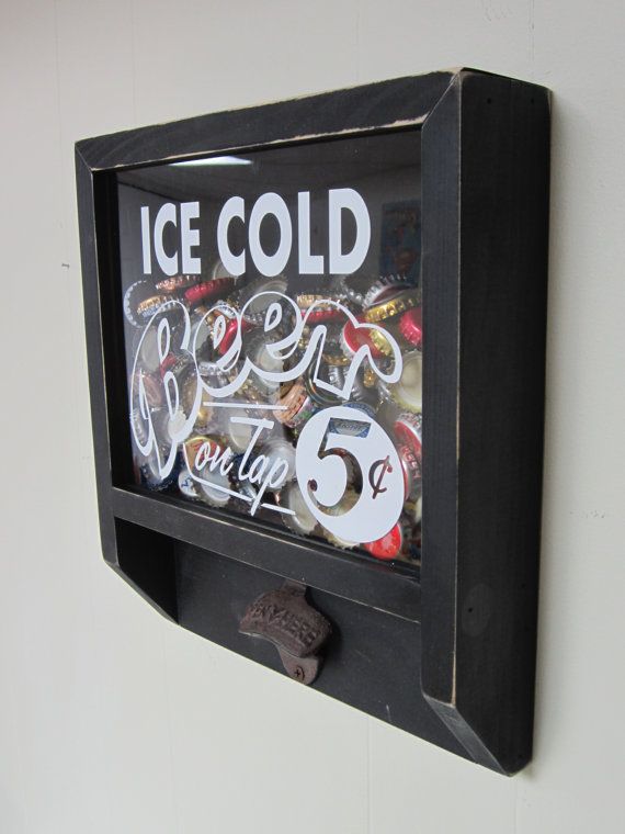 Mariage - Beer Bottle Opener & Beer Cap Collector Shadow Box Display - Ice Cold Beer On Tap 5 Cents - Gift For Dad, Groomsman, House Warming - Black