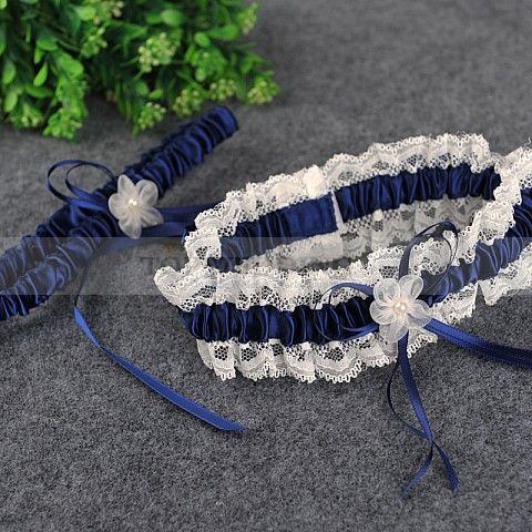 Hochzeit - Navy Blue And Beige Satin And Lace Wedding Garter Set