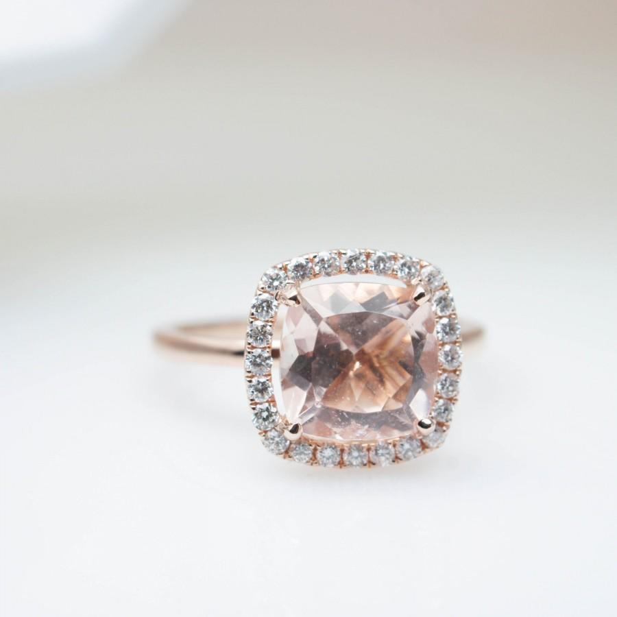 Mariage - Beautiful 8x8mm Cushion Morganite Engagement Ring Diamond Halo Morganite Ring Wedding Ring Rose Gold Halo Engagement Jewelry