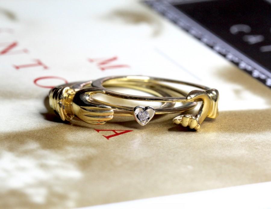 زفاف - Vintage Diamond Fede Engagement Ring, Victorian Revival Diamond Gold Fede Ring, Clasped Hands Friendship Gimmel Ring, Antique Betrothal Ring