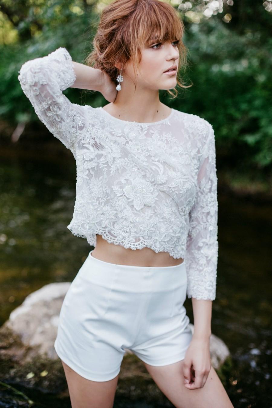 زفاف - Wedding Top, Bridal Lace Top, Boho Bridal  Lace Crop Top , 3/4 Sleeves Bridal Top, Ivory  White Floral Lace Top, Bridal Separates - ARIEL